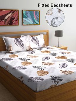 FABINALIV - Multicolor Floral Cotton Blend King Size Fitted Double Bedsheet With 2 Pillow Covers