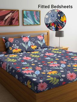 FABINALIV - Multicolor Floral Cotton Blend King Size Fitted Double Bedsheet With 2 Pillow Covers