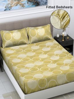 FABINALIV - Multicolor Geometric Cotton Blend King Size Fitted Double Bedsheet With 2 Pillow Covers