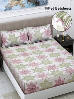 FABINALIV - Multicolor Geometric Cotton Blend King Size Fitted Double Bedsheet With 2 Pillow Covers