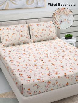 FABINALIV - Multicolor Floral Cotton Blend King Size Fitted Double Bedsheet With 2 Pillow Covers