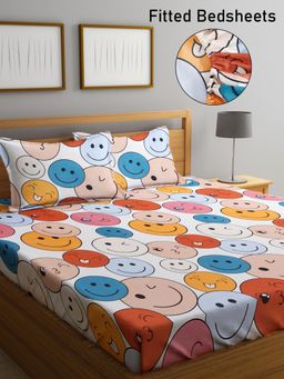 FABINALIV - Multicolor CartoonCotton Blend King Size Fitted Double Bedsheet With 2 Pillow Covers