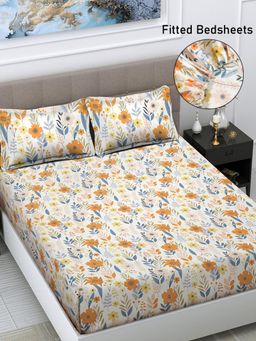 FABINALIV - Multicolor Floral Cotton Blend King Size Fitted Double Bedsheet With 2 Pillow Covers