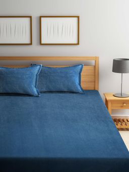 FABINALIV - Ice Blue Solid 300 Tc Woollen King Size Double Bedsheet With 2 Pillow Covers