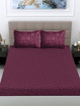 FABINALIV - Wine Floral 300 Tc Woollen Embossed King Size Double Bedsheet With 2 Pillow Covers