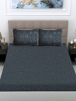 FABINALIV - Dark Grey Floral Woollen Embossed King Size Double Bedsheet With 2 Pillow Covers