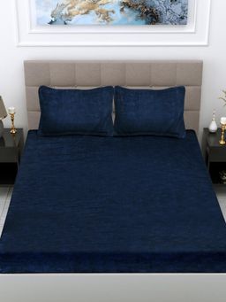 FABINALIV - Navy Blue Striped 300 Tc Woollen King Size Double Bedsheet With 2 Pillow Covers