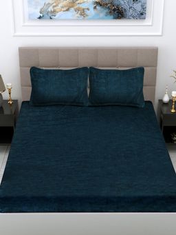 FABINALIV - Rama Blue Striped 300 Tc Woollen King Size Double Bedsheet With 2 Pillow Covers