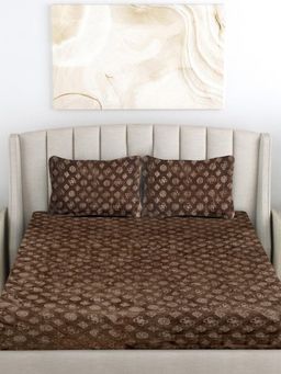 FABINALIV - Brown Geometric Woollen Embossed King Size Double Bedsheet With 2 Pillow Covers
