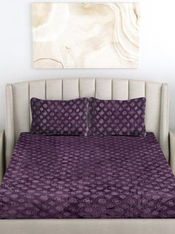 FABINALIV - Raisin Purple Geometric Woollen Embossed King Size Double Bedsheet With 2 Pillow Covers