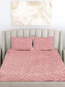 FABINALIV - Peach Geometric Woollen Embossed King Size Double Bedsheet With 2 Pillow Covers