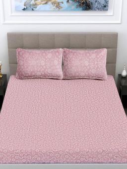 FABINALIV - Baby Pink Floral Woollen Embossed King Size Double Bedsheet With 2 Pillow Covers