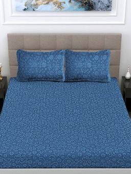 FABINALIV - Ice Blue Floral Woollen Embossed King Size Double Bedsheet With 2 Pillow Covers