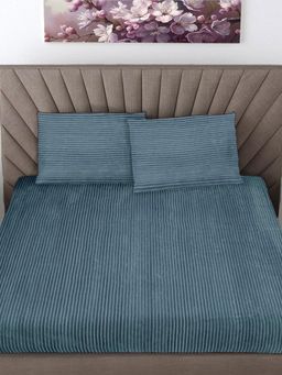 FABINALIV - Sky Blue Striped 300 Tc Woollen King Size Double Bedsheet With 2 Pillow Covers