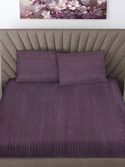 FABINALIV - Purple Striped 300 Tc Woollen King Size Double Bedsheet With 2 Pillow Covers