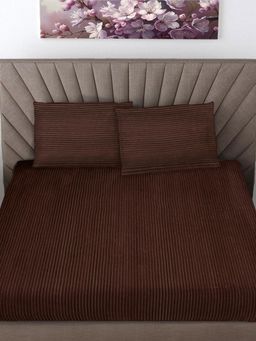 FABINALIV - Coffee Striped 300 Tc Woollen King Size Double Bedsheet With 2 Pillow Covers
