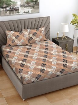 FABINALIV - Brown Geometric 300 Tc Woollen King Size Double Bedsheet With 2 Pillow Covers