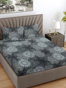 FABINALIV - Grey Floral 300 Tc King Size Woollen Double Bedsheet With 2 Pillow Covers