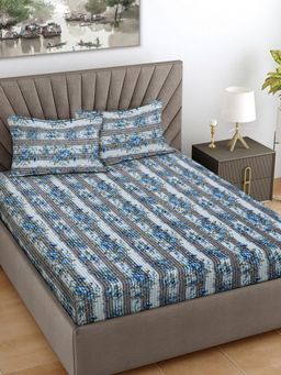 FABINALIV - Grey Floral 300 Tc King Size Woollen Double Bedsheet With 2 Pillow Covers
