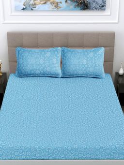 FABINALIV - Sky Blue Floral King Size Woollen Embossed Double Bedsheet With 2 Pillow Covers