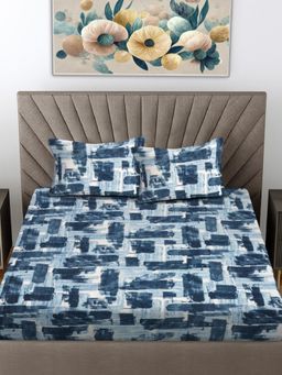 FABINALIV - Blue Abstract 300 Tc King Size Woollen Double Bedsheet With 2 Pillow Covers