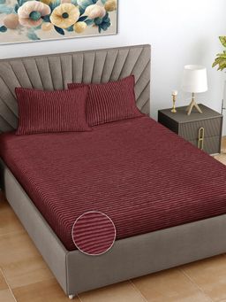 FABINALIV - Maroon Striped Woollen King Size Double Bedsheet With 2 Pillow Covers