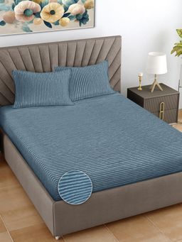 FABINALIV - Sky Blue Striped Woollen King Size Double Bedsheet With 2 Pillow Covers