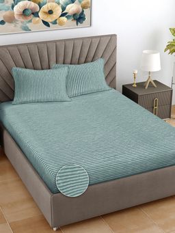 FABINALIV - Light Green Striped Woollen King Size Double Bedsheet With 2 Pillow Covers