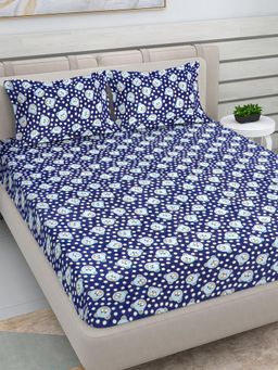 FABINALIV - Navy Blue Cartoon Woollen King Size Double Bedsheet With 2 Pillow Covers