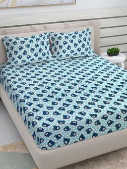 FABINALIV - Sky Blue Cartoon Woollen King Size Double Bedsheet With 2 Pillow Covers