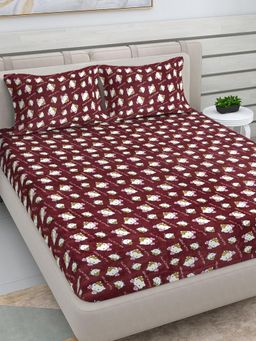 FABINALIV - Maroon Cartoon Woollen King Size Double Bedsheet With 2 Pillow Covers