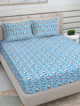 FABINALIV - Sky Blue Cartoon Woollen King Size Double Bedsheet With 2 Pillow Covers
