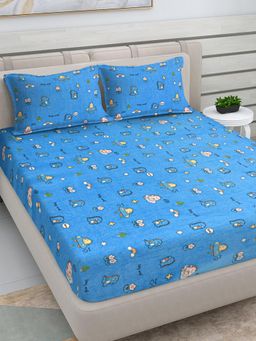 FABINALIV - Blue Cartoon Woollen King Size Double Bedsheet With 2 Pillow Covers