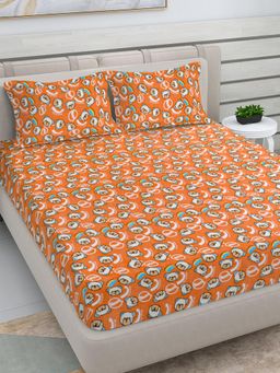 FABINALIV - Orange Cartoon Woollen King Size Double Bedsheet With 2 Pillow Covers