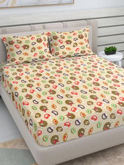 FABINALIV - Cream Cartoon Woollen King Size Double Bedsheet With 2 Pillow Covers