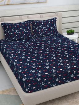 FABINALIV - Navy Blue Abstract Woollen King Size Double Bedsheet With 2 Pillow Covers