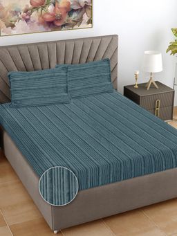 FABINALIV - Sky Blue Striped Woollen King Size Double Bedsheet With 2 Pillow Covers