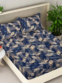 FABINALIV - Blue Floral Woollen King Size Double Bedsheet With 2 Pillow Covers