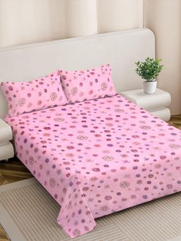 FABINALIV - Pink Floral Woollen King Size Double Bedsheet With 2 Pillow Covers