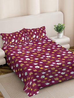 FABINALIV - Wine Cartoon Print Woollen King Size Double Bedsheet With 2 Pillow Covers