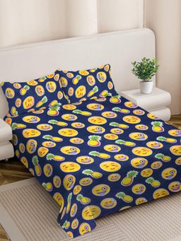FABINALIV - Blue Cartoon Print Woollen King Size Double Bedsheet With 2 Pillow Covers