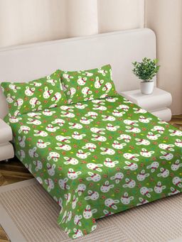 FABINALIV - Green Cartoon Print Woollen King Size Double Bedsheet With 2 Pillow Covers
