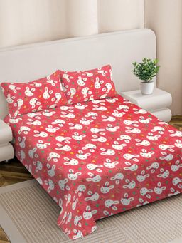 FABINALIV - Orange Cartoon Print Woollen King Size Double Bedsheet With 2 Pillow Covers