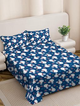 FABINALIV - Blue Cartoon Print Woollen King Size Double Bedsheet With 2 Pillow Covers