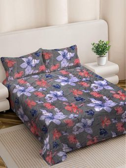 FABINALIV - Grey Floral Woollen King Size Double Bedsheet With 2 Pillow Covers