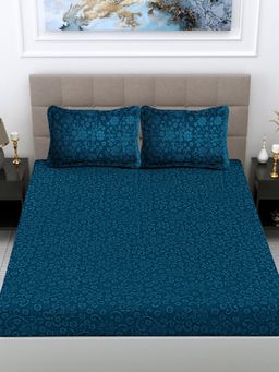 FABINALIV - Rama Blue Floral Woollen Embossed King Size Fitted Double Bedsheet With 2 Pillow Covers