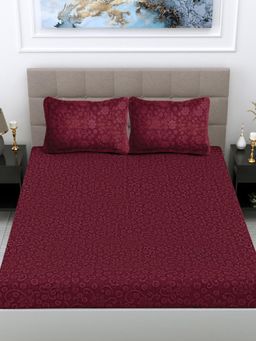 FABINALIV - Maroon Floral Woollen Embossed King Size Fitted Double Bedsheet With 2 Pillow Covers
