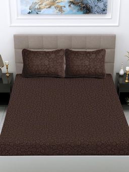FABINALIV - Coffee Floral Woollen Embossed King Size Fitted Double Bedsheet With 2 Pillow Covers