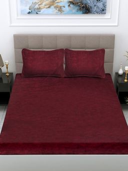 FABINALIV - Maroon Striped 300 Tc Woollen King Size Fitted Double Bedsheet With 2 Pillow Covers