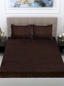 FABINALIV - Coffee Striped 300 Tc Woollen King Size Fitted Double Bedsheet With 2 Pillow Covers